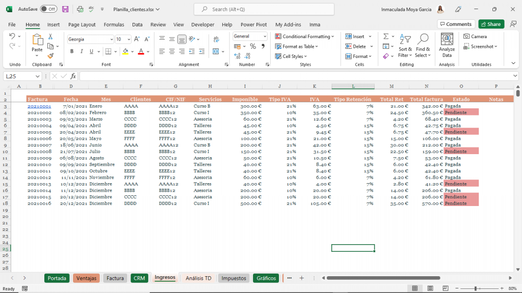 Excel para registro de facturas